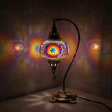 Multicolor Turkish mosaic table lamp illuminated, showing colorful light projection (ENV DVN3018)