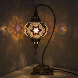 Warm Tones Turkish mosaic table lamp illuminated, showing colorful light projection (ENV DVN3019)