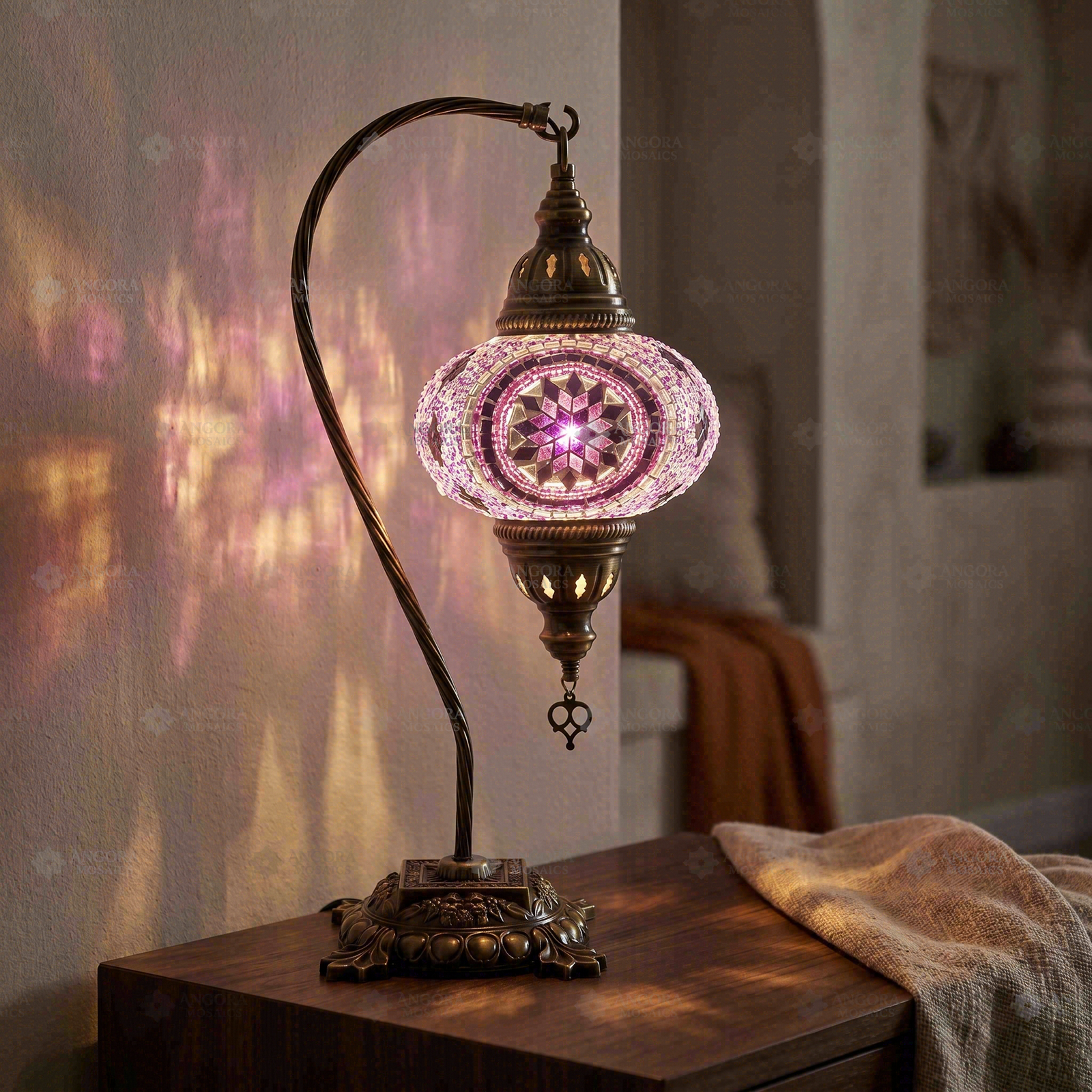 Pink pink rose Turkish mosaic table lamp in styled room — handmade Moroccan table lamp (ENV DVN3020)