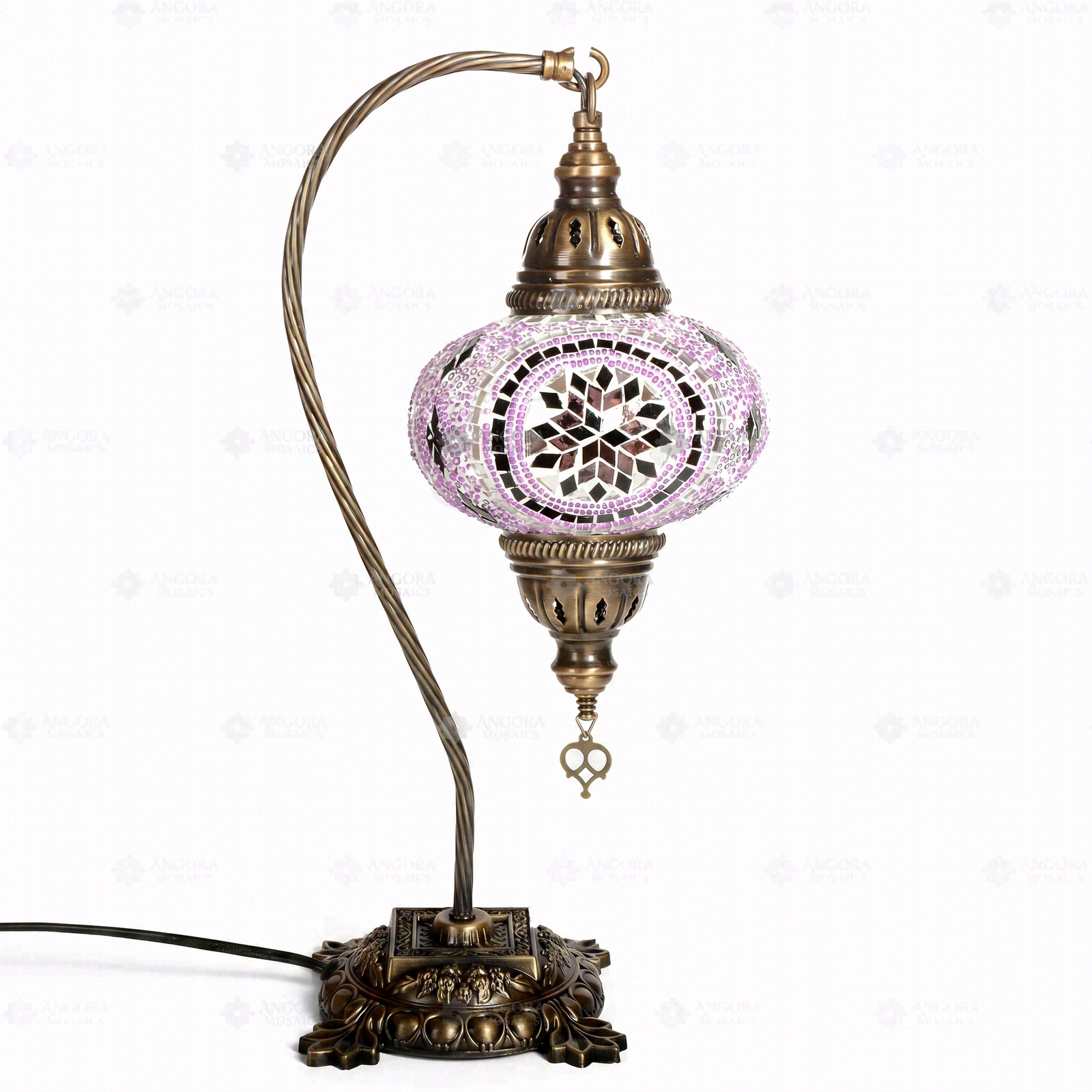 Full view of handmade Pink pink rose Turkish mosaic table lamp on white background (ENV DVN3020)