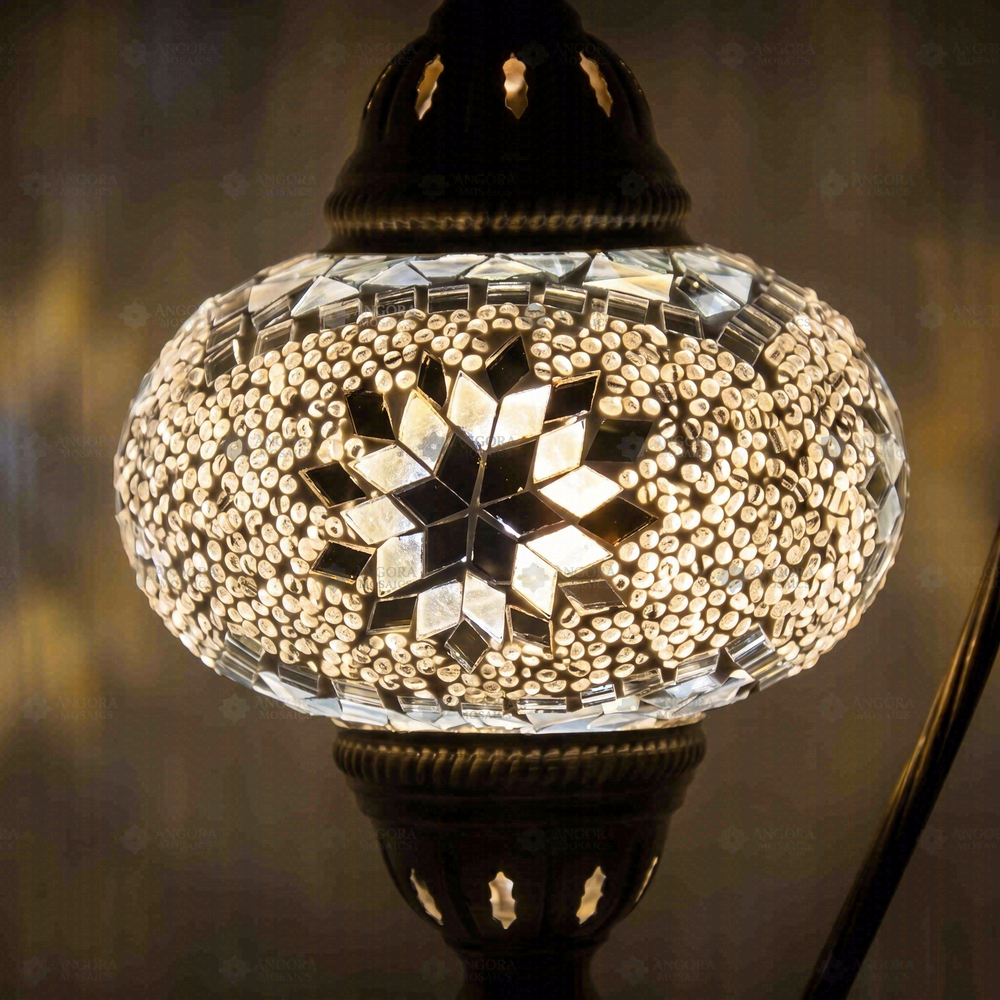 White Swan Neck Table Lamp, close-up of the lit glass
