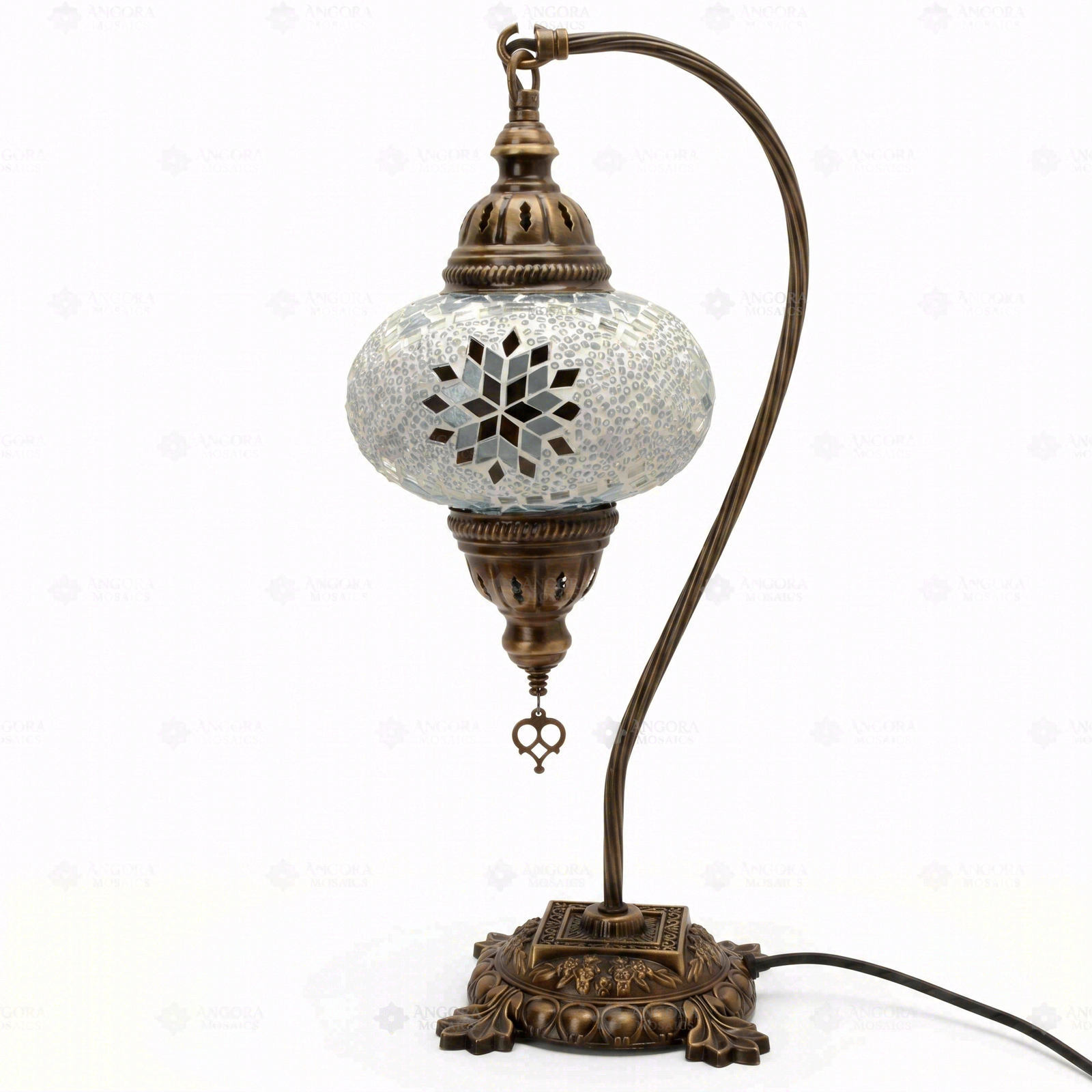 Full view of handmade White white glow Turkish mosaic table lamp on white background (ENV DVN3022)