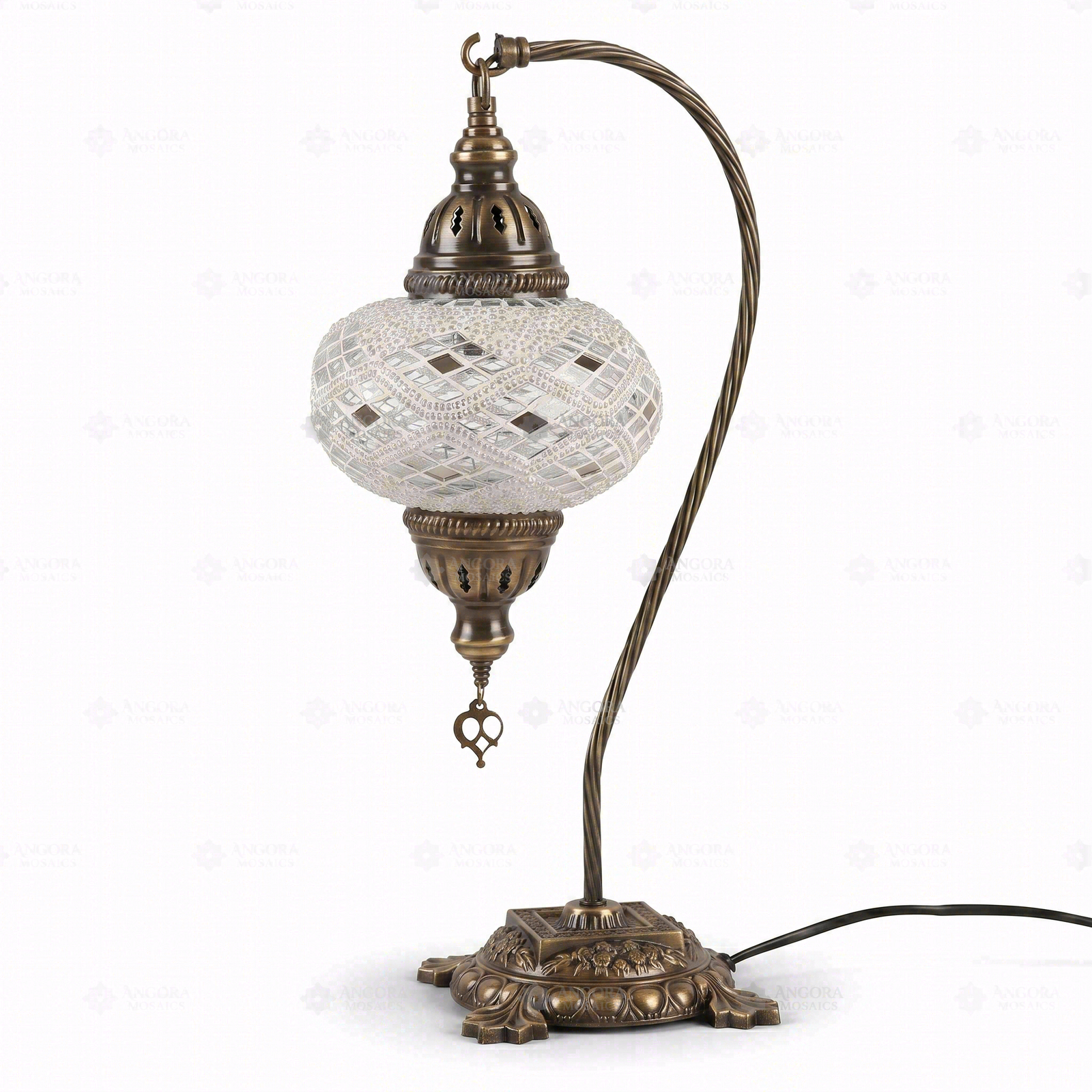 Full view of handmade White white glow Turkish mosaic table lamp on white background (ENV DVN3023)