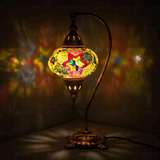 Multicolor Turkish mosaic table lamp illuminated, showing colorful light projection (ENV DVN3024)