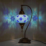 Blue Turkish mosaic table lamp illuminated, showing colorful light projection (ENV DVN3027)