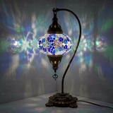 Blue Turkish mosaic table lamp illuminated, showing colorful light projection (ENV DVN3028)