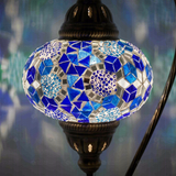 Lit close-up of mosaic glass globe — Blue table lamp glowing (ENV DVN3028)