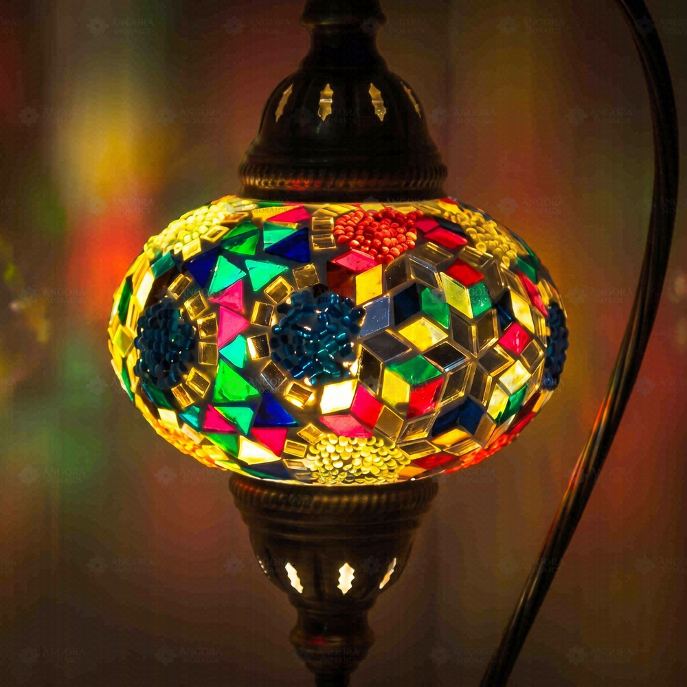 Multicolor Swan Neck Table Lamp, close-up of the lit glass