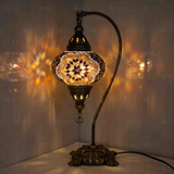 Warm Tones Turkish mosaic table lamp illuminated, showing colorful light projection (ENV DVN3031)