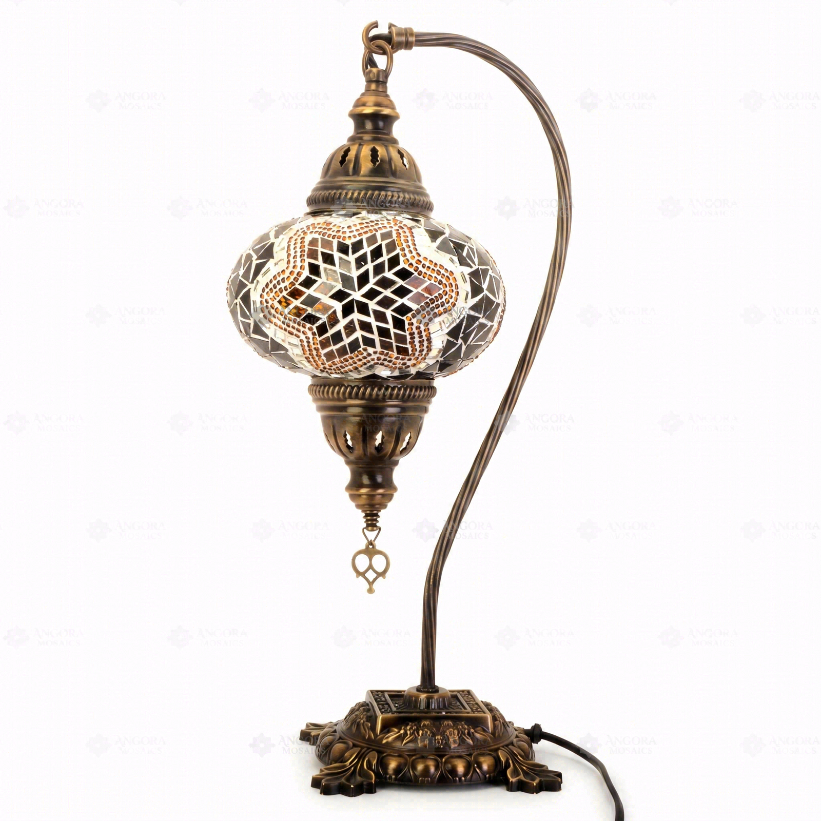 Full view of handmade Warm Tones mixed warm Turkish mosaic table lamp on white background (ENV DVN3031)