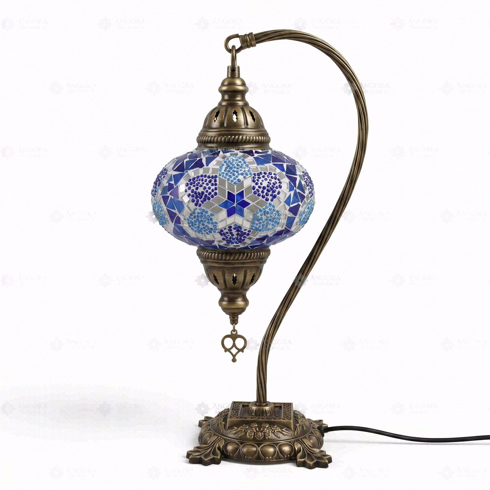Full view of handmade Blue blue jewel Turkish mosaic table lamp on white background (ENV DVN3034)