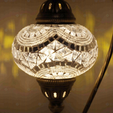 Lit close-up of mosaic glass globe — White table lamp glowing (ENV DVN3036)