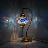 Blue Turkish mosaic table lamp illuminated, showing colorful light projection (ENV DVN3040)