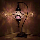 Pink Turkish mosaic table lamp illuminated, showing colorful light projection (ENV DVN3041)