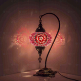 Pink Turkish mosaic table lamp illuminated, showing colorful light projection (ENV DVN3044)