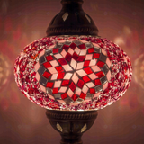 Lit close-up of mosaic glass globe — Pink table lamp glowing (ENV DVN3044)