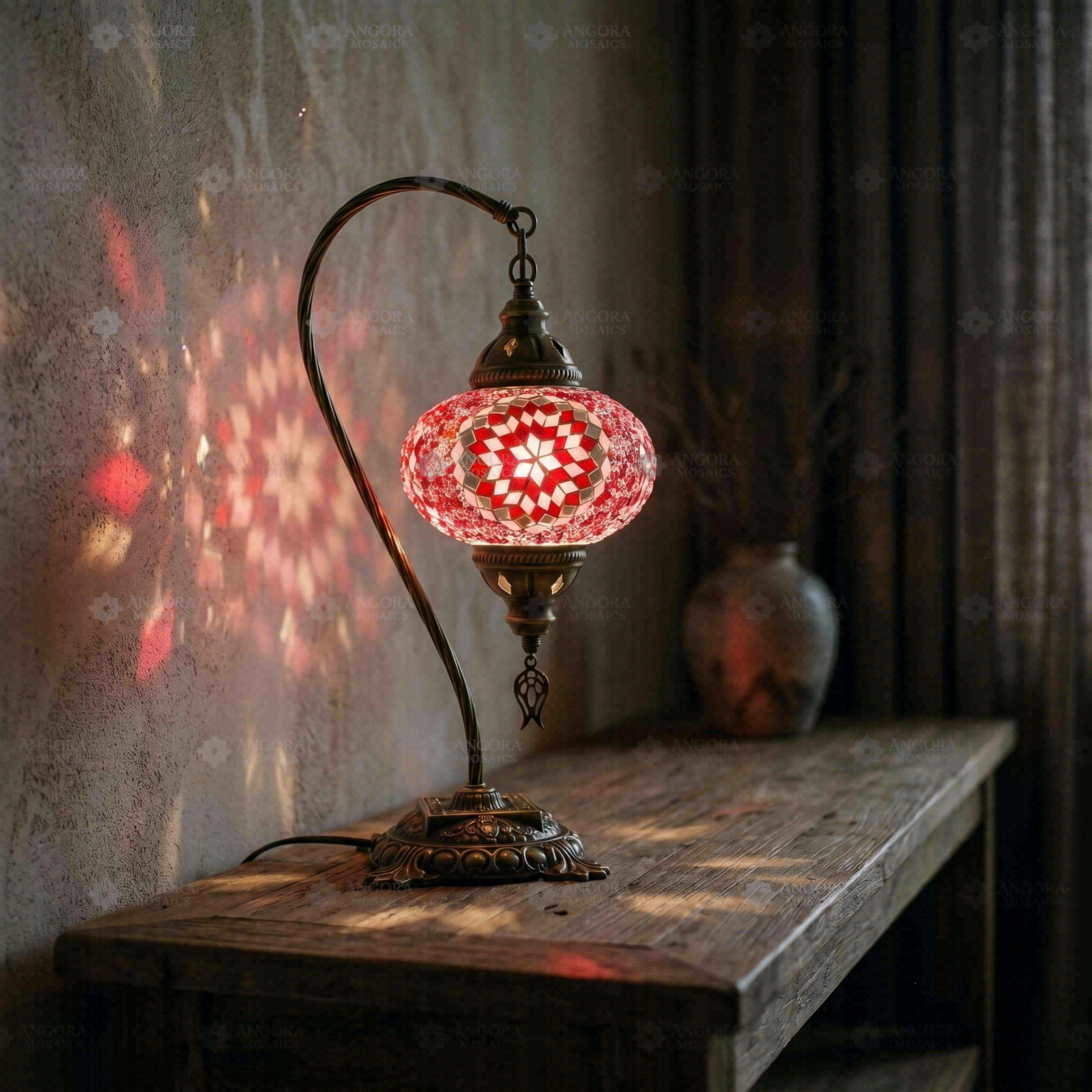 Pink pink rose Turkish mosaic table lamp in styled room — handmade Moroccan table lamp (ENV DVN3044)