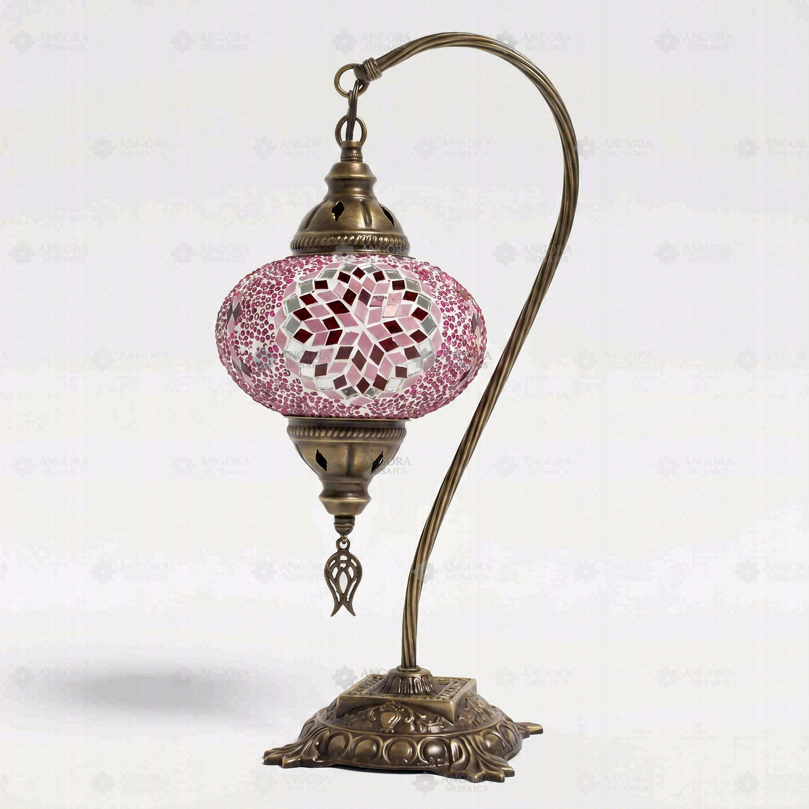 Full view of handmade Pink pink rose Turkish mosaic table lamp on white background (ENV DVN3044)