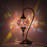 Pink Turkish mosaic table lamp illuminated, showing colorful light projection (ENV DVN3046)