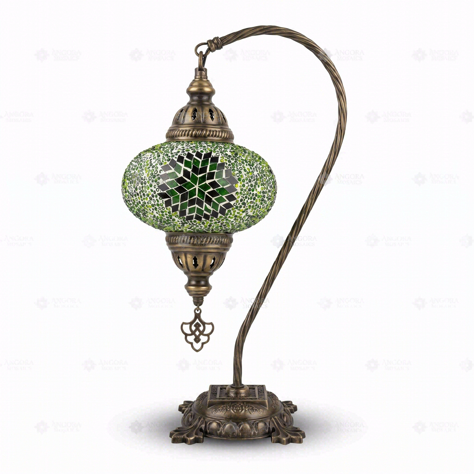 Full view of handmade Green green jewel Turkish mosaic table lamp on white background (ENV DVN3048)