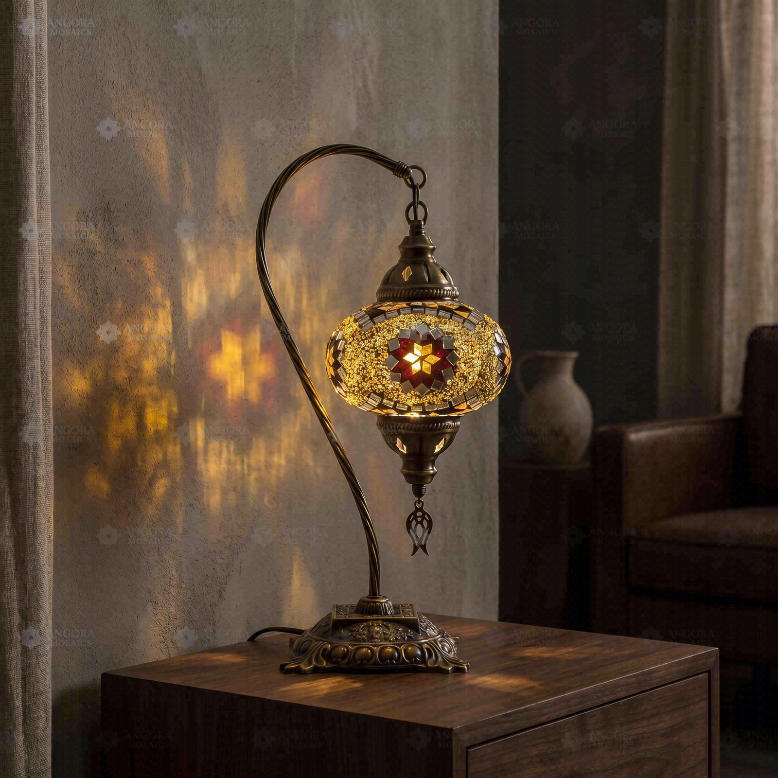 Amber warm amber Turkish mosaic table lamp in styled room — handmade Moroccan table lamp (ENV DVN3049)