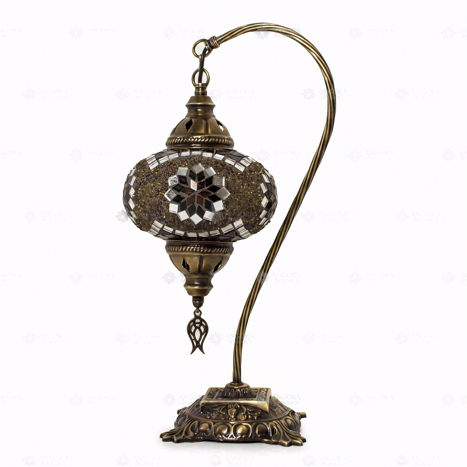 Full view of handmade Amber warm amber Turkish mosaic table lamp on white background (ENV DVN3049)