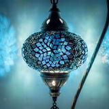 Lit close-up of mosaic glass globe — Blue table lamp glowing (ENV DVN3051)