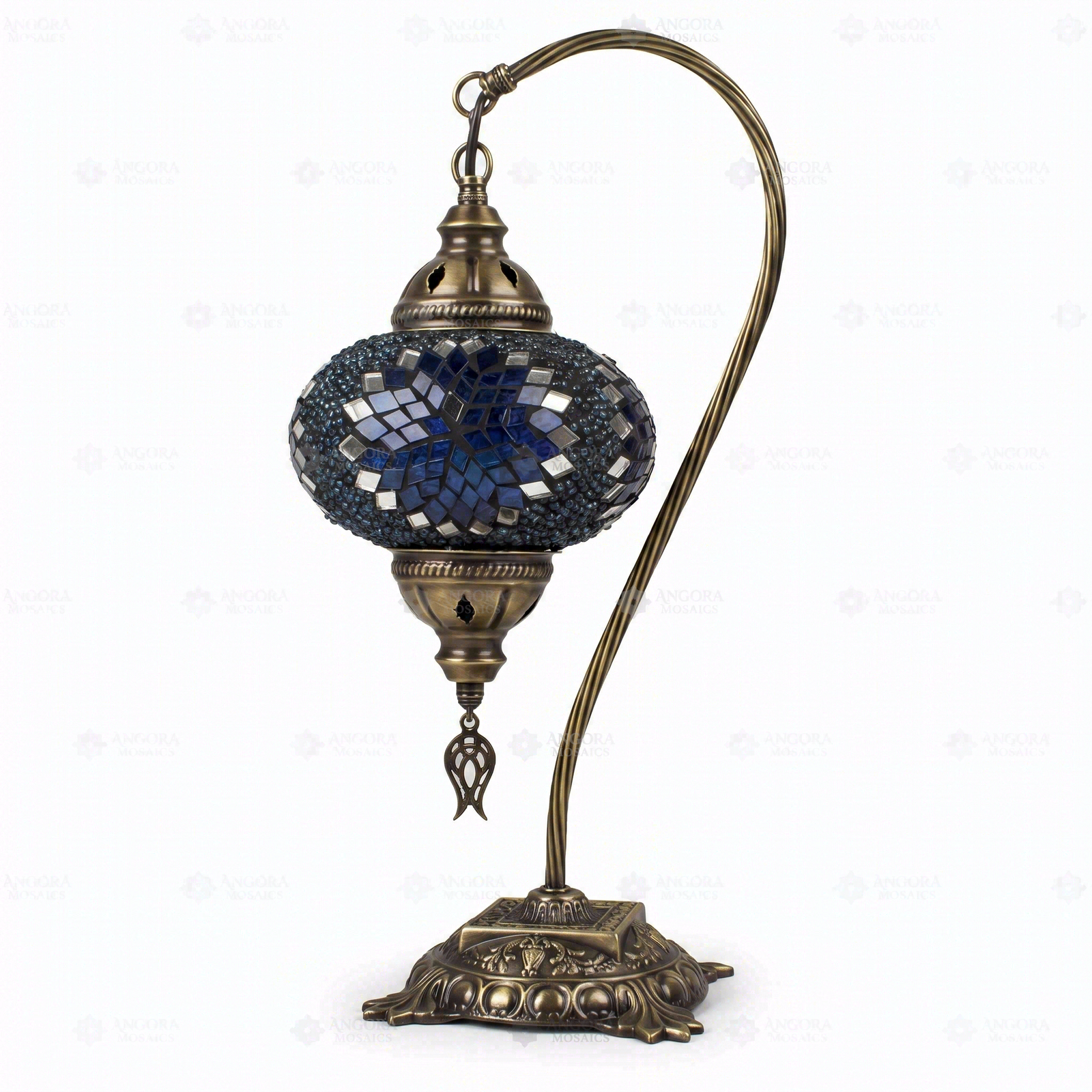 Full view of handmade Blue blue jewel Turkish mosaic table lamp on white background (ENV DVN3051)