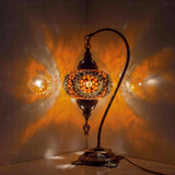 Amber Turkish mosaic table lamp illuminated, showing colorful light projection (ENV DVN3052)