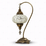 Full view of handmade White white glow Turkish mosaic table lamp on white background (ENV DVN3054)