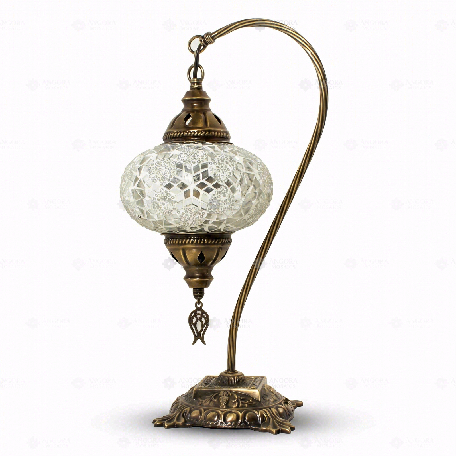 Full view of handmade White white glow Turkish mosaic table lamp on white background (ENV DVN3054)