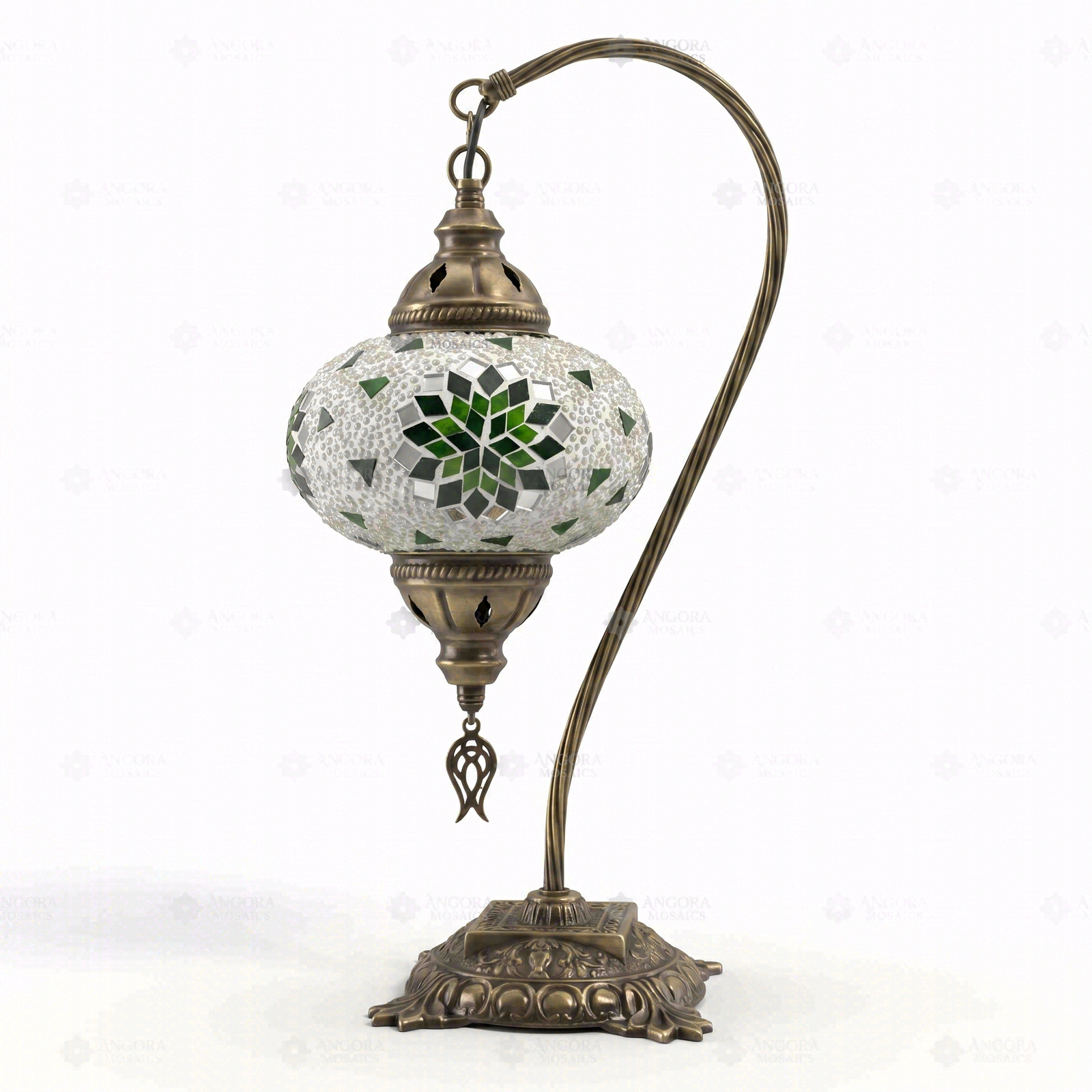 Full view of handmade Green green jewel Turkish mosaic table lamp on white background (ENV DVN3055)
