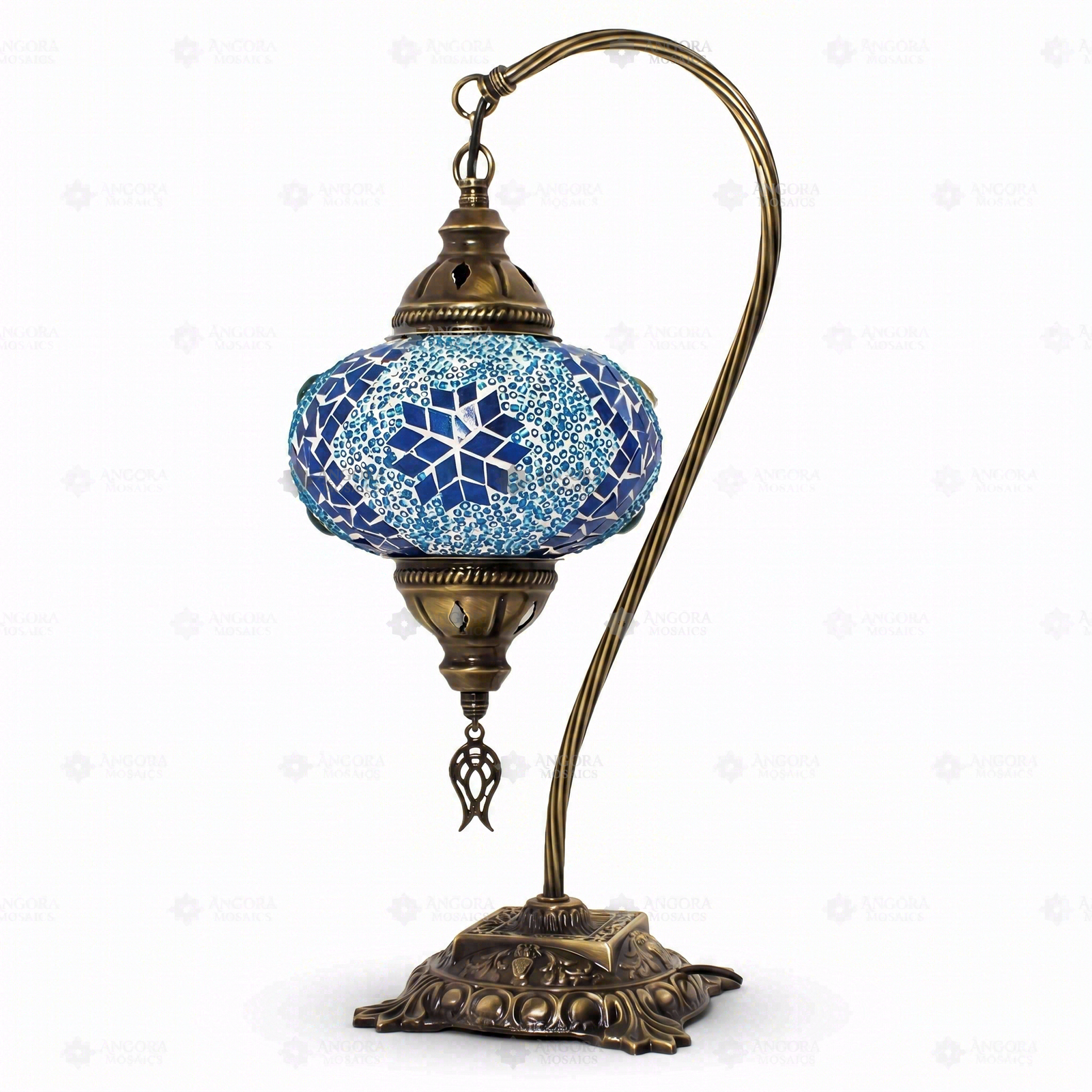 Full view of handmade Blue blue jewel Turkish mosaic table lamp on white background (ENV DVN3058)