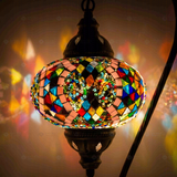 Lit close-up of mosaic glass globe — Multicolor table lamp glowing (ENV DVN3060)