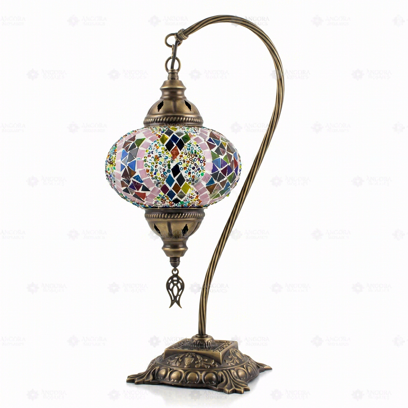 Full view of handmade Multicolor multicolor jewel Turkish mosaic table lamp on white background (ENV DVN3060)