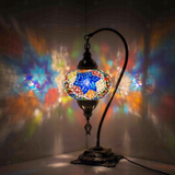 Multicolor Turkish mosaic table lamp illuminated, showing colorful light projection (ENV DVN3061)