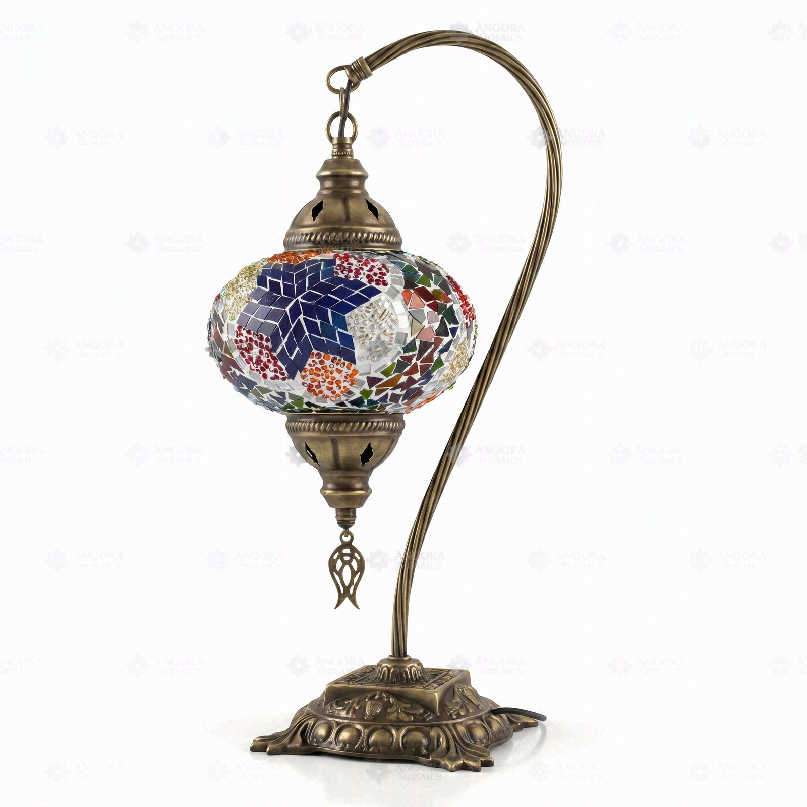 Full view of handmade Multicolor multicolor jewel Turkish mosaic table lamp on white background (ENV DVN3061)