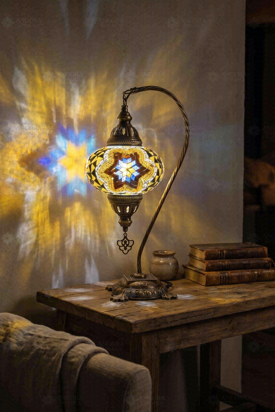 Blue and Amber Swan Neck Table Lamp