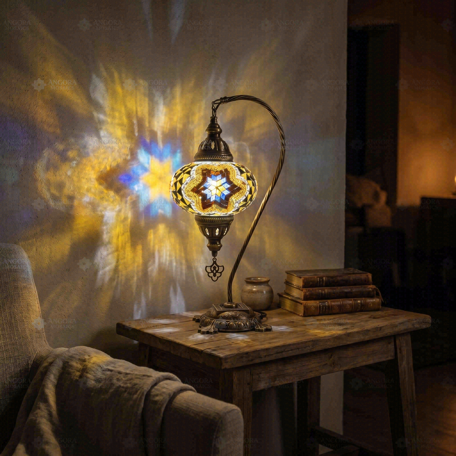 Warm Tones mixed warm Turkish mosaic table lamp in styled room — handmade Moroccan table lamp (ENV DVN3063)