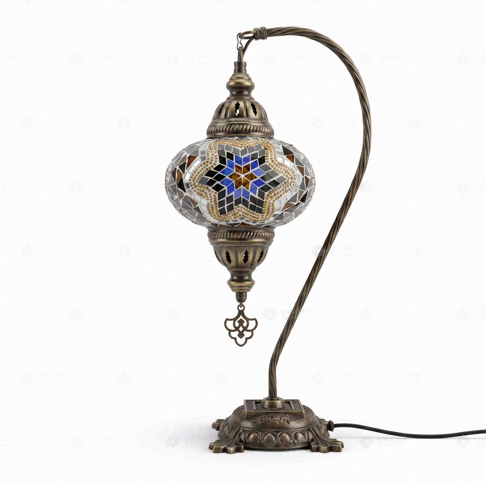 Full view of handmade Warm Tones mixed warm Turkish mosaic table lamp on white background (ENV DVN3063)
