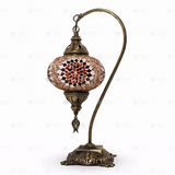 Full view of handmade Amber warm amber Turkish mosaic table lamp on white background (ENV DVN3065)