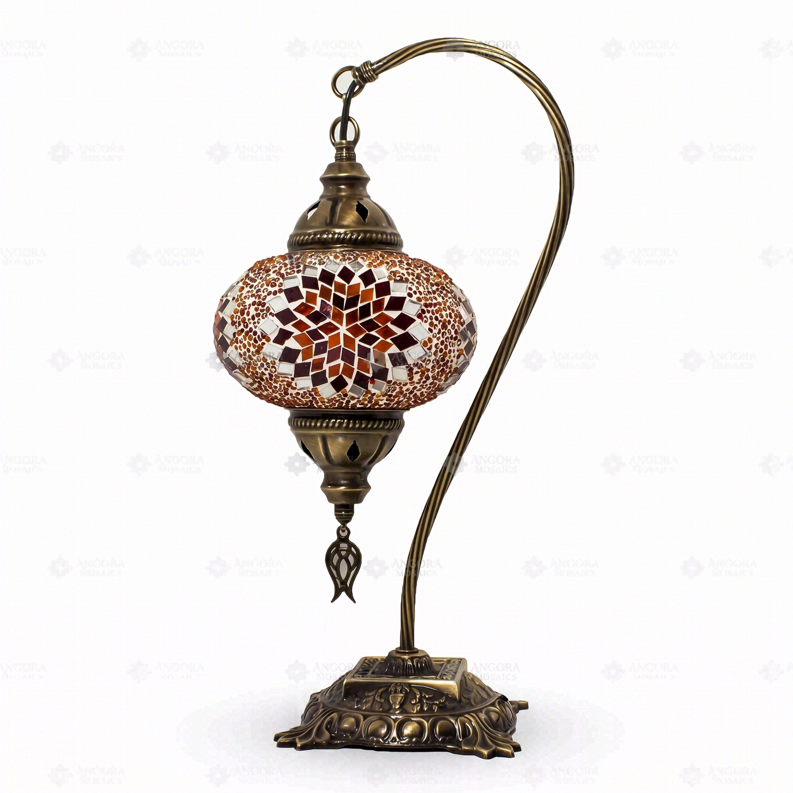 Full view of handmade Amber warm amber Turkish mosaic table lamp on white background (ENV DVN3065)