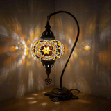 Amber Turkish mosaic table lamp illuminated, showing colorful light projection (ENV DVN3067)