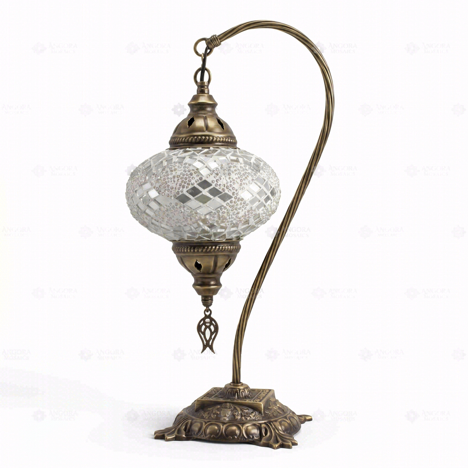 Full view of handmade White white glow Turkish mosaic table lamp on white background (ENV DVN3068)