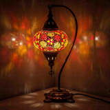 Amber Turkish mosaic table lamp illuminated, showing colorful light projection (ENV DVN3079)