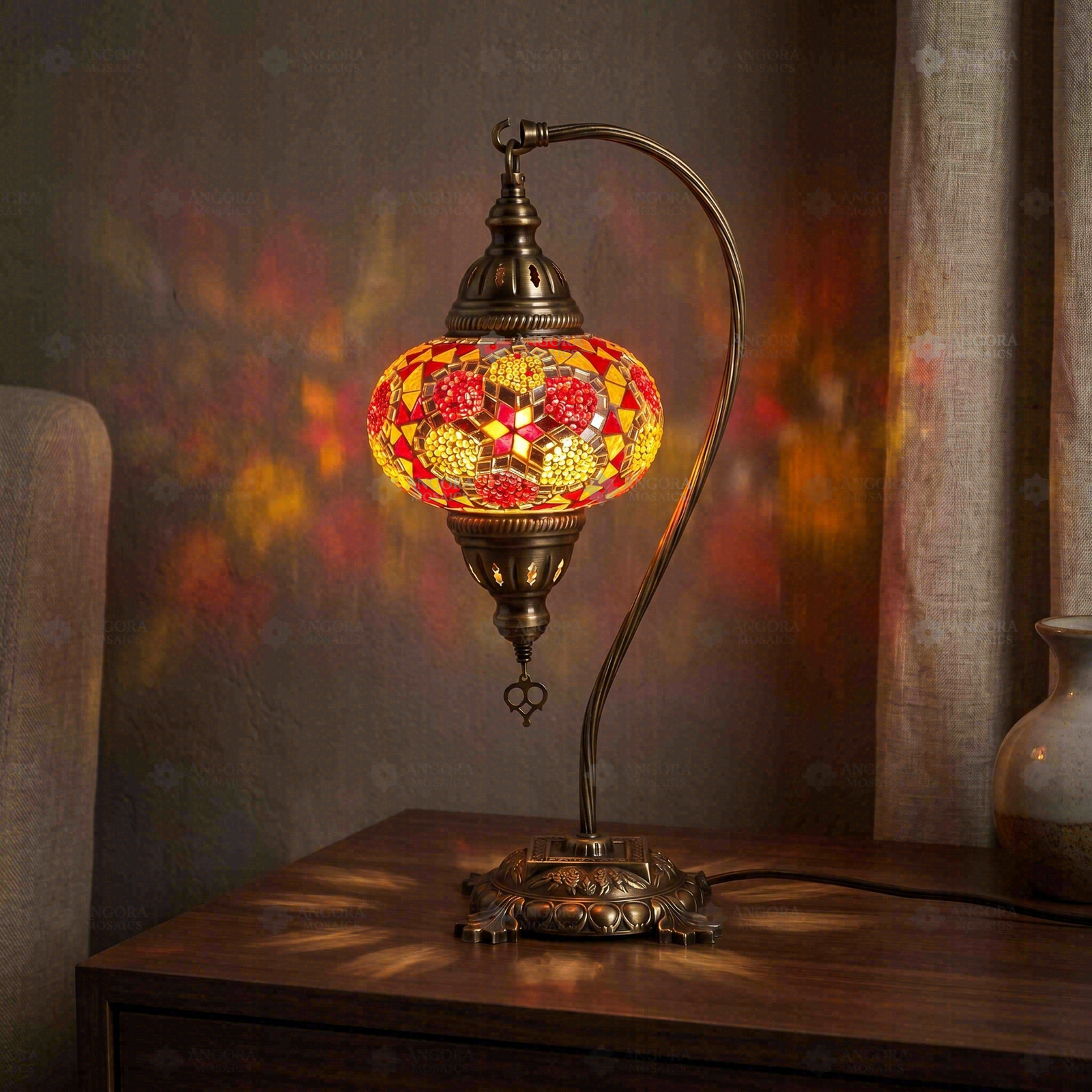 Amber warm amber Turkish mosaic table lamp in styled room — handmade Moroccan table lamp (ENV DVN3079)