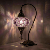 Purple Turkish mosaic table lamp illuminated, showing colorful light projection (ENV DVN3087)