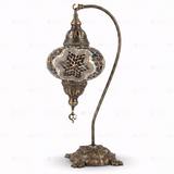 Full view of handmade Amber warm amber Turkish mosaic table lamp on white background (ENV DVN3088)