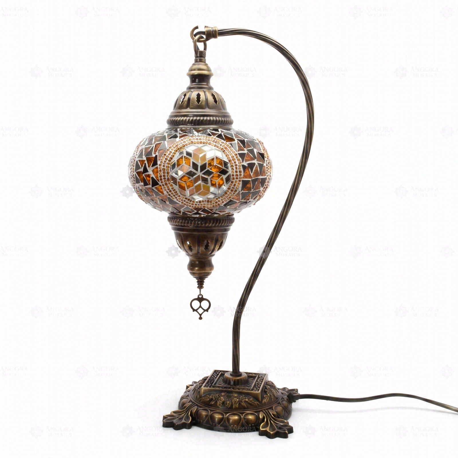 Full view of handmade Amber warm amber Turkish mosaic table lamp on white background (ENV DVN3089)
