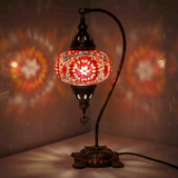 Red Turkish mosaic table lamp illuminated, showing colorful light projection (ENV DVN3090)